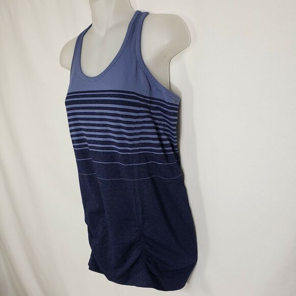 Athleta Womens Tank Top Medium Blue Striped Ruching Grip Hem Racerback 457083 - Picture 5 of 8